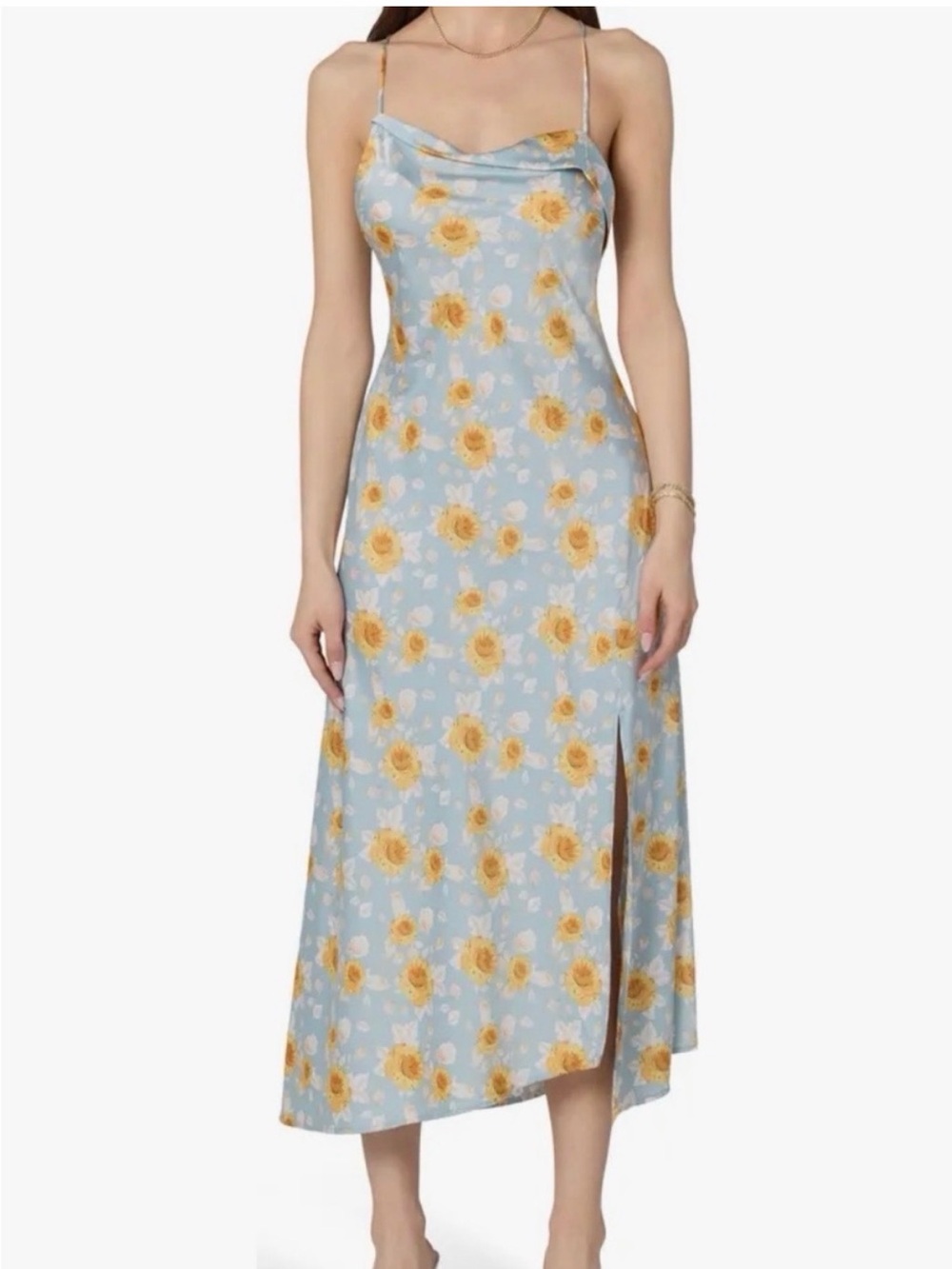 Floral Cowl Midi Slip Dress in Light Blue & Yellow